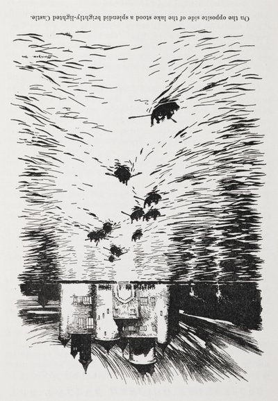 Robåde på en flod nærmer sig et slot om natten. af Arthur Rackham