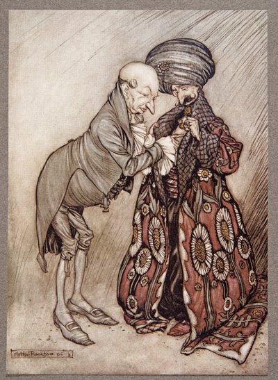 Skud hans skaldede hoved og mumlede, Cold, quite cold, fra Peter Pan i Kensington Gardens af J M Barrie (1860 - 1937), pub. 1906 af Arthur Rackham