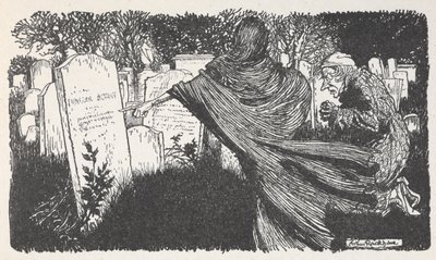 Joakim og et spøgelse på en kirkegård om natten. af Arthur Rackham