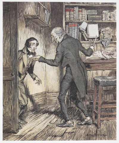 Joakim skriver på sit kontor, da en anden mand kommer ind af Arthur Rackham