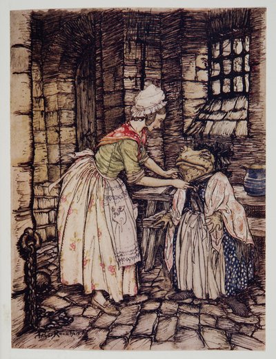 Hun ordnede sjalet med en progressiv foldning og bandt snorene til den rustne hue under hans hage, fra Wind in the Willows af Kenneth Grahame (1859 - 1932), pub. 1940 af Arthur Rackham