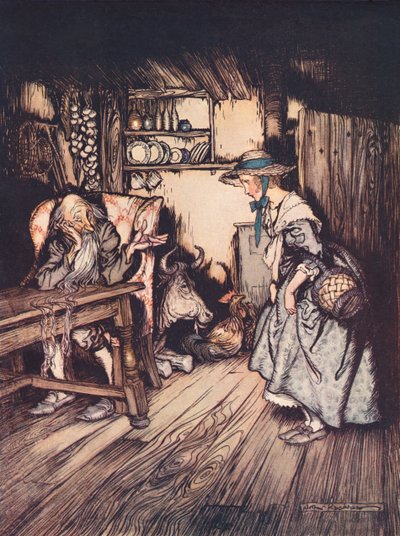 Hun bad ganske pænt om at få lov til at overnatte der. Illustration af Arthur Rackham fra Grimm