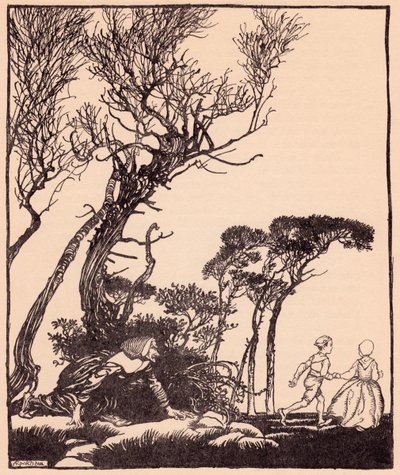 Hun sneg sig efter dem i hemmelighed, som hekse kryber. Illustration af Arthur Rackham fra Grimm