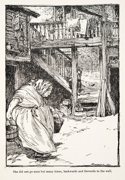 Hun gik ikke én gang, men mange gange, frem og tilbage til brønden, fra Brødrene Grimms eventyr, pub. 1909 af Arthur Rackham