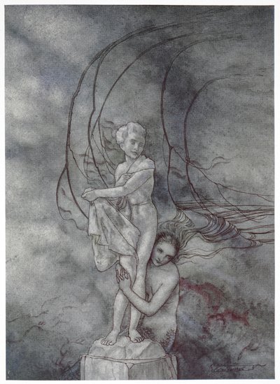 "Hun lagde sine arme om marmorfiguren, der var så lig prinsen". Illustration til historien, 