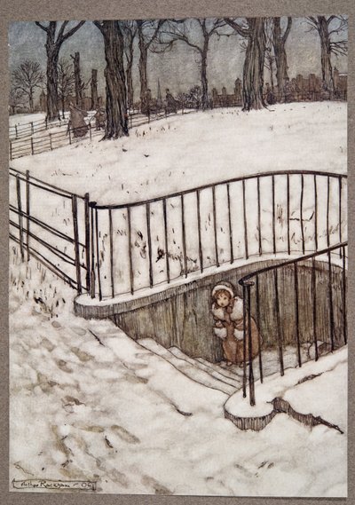 Hun løb godt til St Govers og gemte sig .. , fra Peter Pan i Kensington Gardens af J M Barrie (1860 - 1937), pub. 1906 af Arthur Rackham
