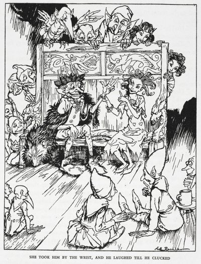 "Hun tog ham i håndleddet, og han lo, indtil han klukkede". Elfinpiger og nisser. Illustration til 