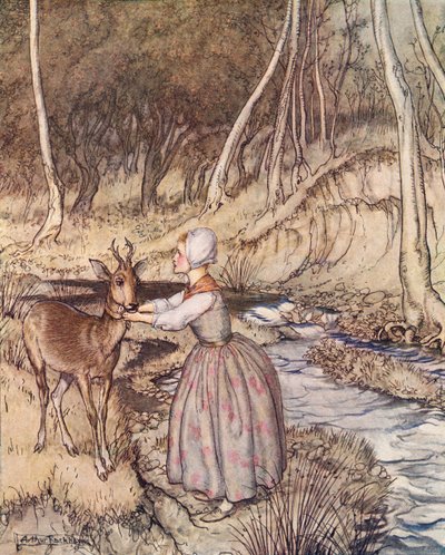 Hun tog sit gyldne strømpebånd af og lagde det om rognbukkens hals. Illustration af Arthur Rackham fra Grimms eventyr, lillebror og lillesøster, udgivet i slutningen af det 19. århundrede. af Arthur Rackham