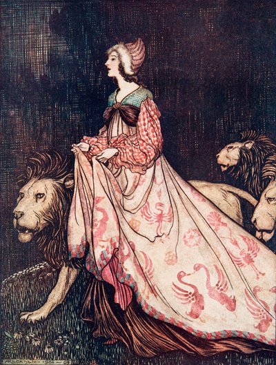 Hun gik væk ledsaget af løverne fra The Fairy Tales of the Brothers Grimm, pub. 1909 af Arthur Rackham