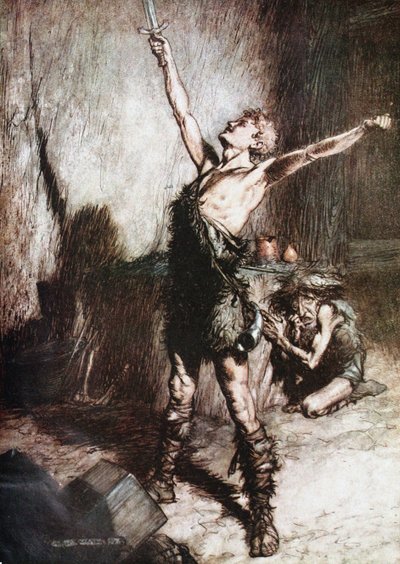 Siegfried smeder sit sværd. Illustration til Siegfried og The Twilight of the Gods af Richard Wag af Arthur Rackham