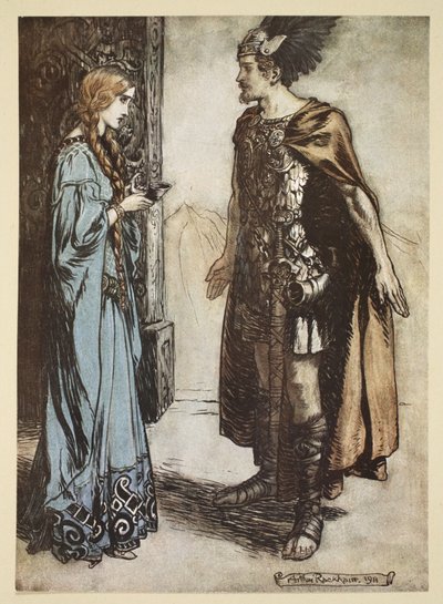 Siegfried rækker drikkehornet tilbage til Gutrune og stirrer på hende med pludselig lidenskab, illustration fra 
