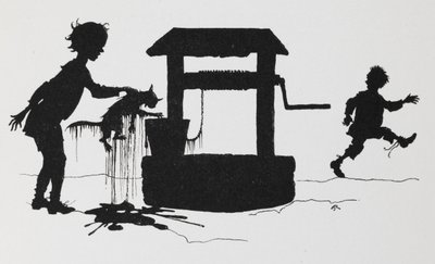 Silhuet af en dreng, der trækker en kat ud af en brønd. af Arthur Rackham