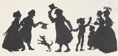 Silhuet af en ung dreng og en mand, der hilser på folk på vej hjem fra kirke. af Arthur Rackham
