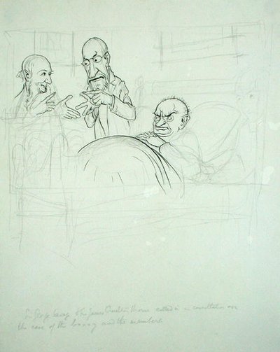 Sir George Savage og Sir James Crichton Browne (1840-1937) indkaldte i samråd om sagen om BXXXY og medlemmerne (pen og blæk og blyant på papir) af Arthur Rackham