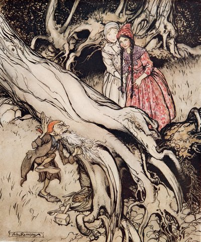 Snehvid og rosenrød, fra Lillebror & Lillesøster og andre fortællinger af brødrene Grimm, pub.1917 (farve litho) af Arthur Rackham