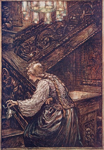 Så hun greb ham med to fingre og bar ham ovenpå .., fra Brødrene Grimms eventyr, pub. 1909 af Arthur Rackham