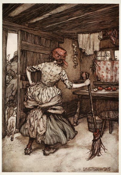 Så han var omhyggelig med at trække sine kræfter af og gå til ydersiden af huset - den eneste side, som i sandhed tilhører den hønsehakkede ægtemand., fra Rip Van Winkle af Washington Irving, pub. 1910 ( af Arthur Rackham