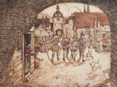 Så tog de fire brødre deres stokke i hånden, sagde farvel til deres far og gik ud af byporten, fra The Fairy Tales of the Brothers Grimm, pub. 1909 af Arthur Rackham