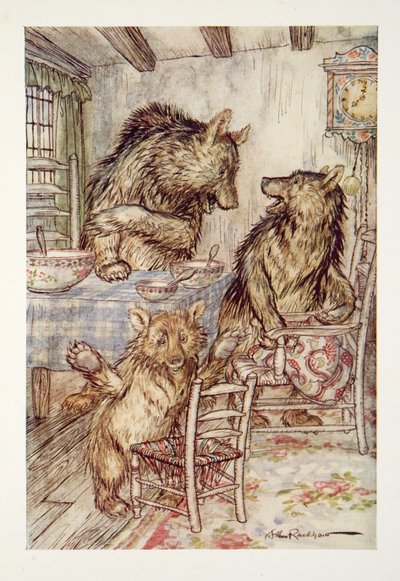 Nogen har siddet i min stol, og har sat sig bunden ud af den! sagde Little, Small, Wee Bear, fra The Arthur Rackham Fairy Book, pub. 1933 af Arthur Rackham