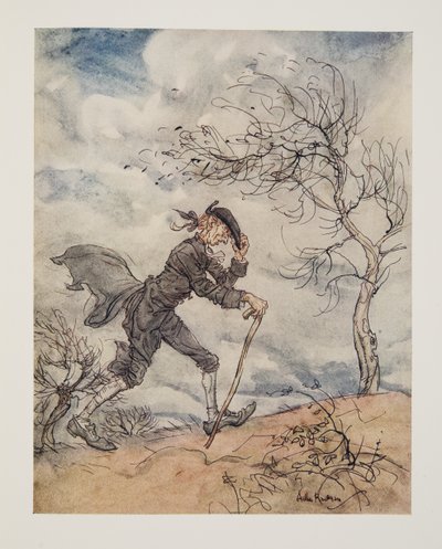 Stridende langs profilen af en bakke på en blæsende dag.. fra The Legend of Sleepy Hollow af Washington Irving (1783 - 1859), pub. 1928 af Arthur Rackham