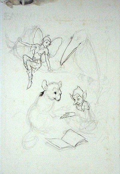 Studie til Emma Williams Burlinghams bogplade (pen, blæk og akvarel på papir) af Arthur Rackham