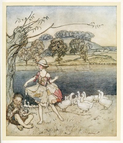 Tattercoats danser, mens gåsehyrden piber, fra engelske Fairy Tales, pub. 1922 af Arthur Rackham