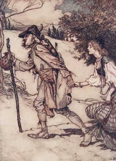 Tiggeren tog hende i hånden og førte hende væk fra The Fairy Tales of the Brothers Grimm, pub. 1909 af Arthur Rackham