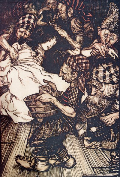 Dværgene, da de kom om aftenen fandt Snowdrop liggende på jorden, fra The Fairy Tales of the Brothers Grimm, pub. 1909 af Arthur Rackham