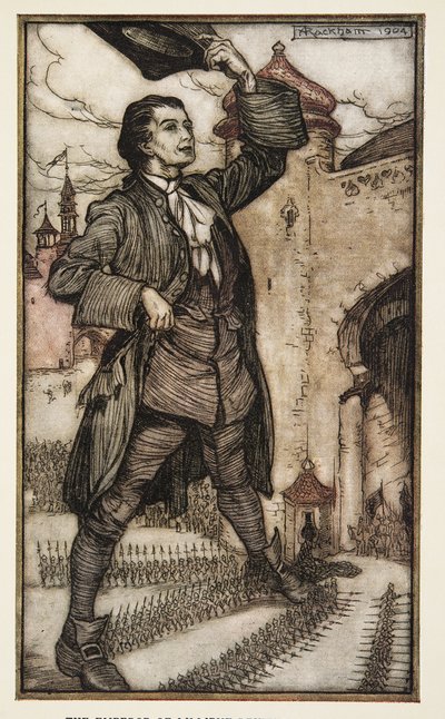 The Emperor of Lilliput gennemgår sine tropper, fra Gullivers rejser af Jonathon Swift (1667 - 1745), pub. 1909 (farve litho) af Arthur Rackham