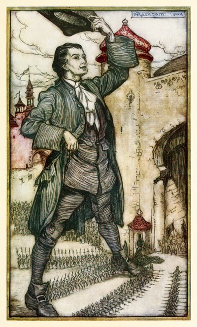 Kejseren af Lilliput gennemgår sine tropper fra Del I: En rejse til Lilliput i Gullivers Travels af Jonathan Swift af Arthur Rackham