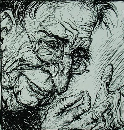 Lopperne og manden, illustration fra "Æsops fabler", udgivet af Heinemann af Arthur Rackham