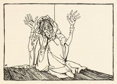 Hag sad mod væggen, fra Morgans Frenzy in Irish Fairy Tales af Arthur Rackham