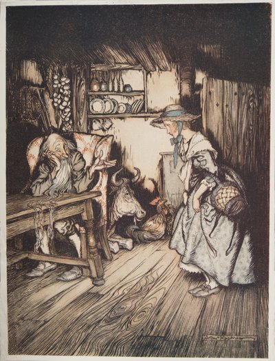 Hytten i skoven, fra Lillebror & Lillesøster og andre fortællinger af brødrene Grimm, pub.1917 af Arthur Rackham