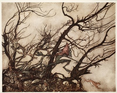 Indianerne betragtede dem som åndernes bolig., fra Rip Van Winkle af Washington Irving, pub. 1910 af Arthur Rackham