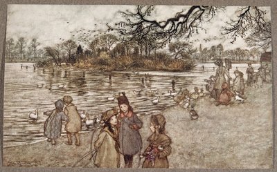 Øen, hvor alle fuglene er født, der blev til drenge- og piger, fra Peter Pan i Kensington Gardens af J M Barrie (1860 - 1937), pub. 1906 af Arthur Rackham