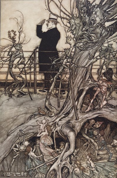 Kensington Gardens er i London, hvor kongen bor ..", fra Peter Pan i Kensington Gardens af J M Barrie (1860 - 1937), pub. 1906 (farve litho) af Arthur Rackham