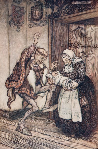 Kongen kunne ikke beherske sig af glæde ?., fra Brødrene Grimms eventyr, pub. 1909 af Arthur Rackham
