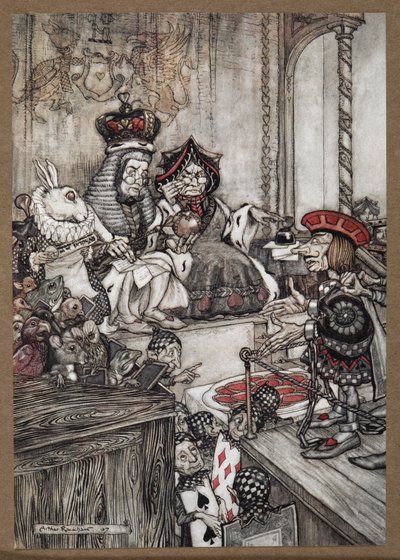 Hjertekniven i kajen før dronningen og kongen af hjerter anklaget for at stjæle tærterne af Arthur Rackham