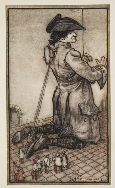 The Lilliputian Tailors Mål Gulliver for en ny Suit of Clothes, fra Gullivers Travels af Jonathon Swift (1667 - 1745), pub. 1909 af Arthur Rackham