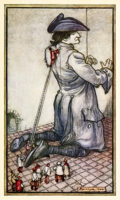 De lilliputske skræddere måler Gulliver for en ny dragt tøj fra del I: A Voyage to Lilliput in Gullivers Travels af Jonathan Swift af Arthur Rackham