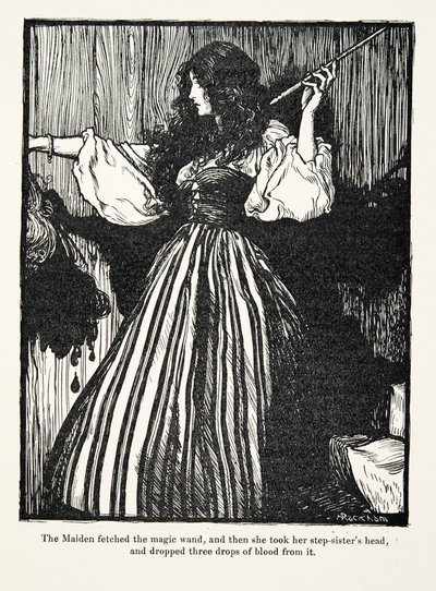Jomfruen hentede tryllestaven, og så tog hun sin stedsøstres hoved og tabte tre dråber blod fra den fra The Fairy Tales of the Brothers Grimm, pub. 1909 af Arthur Rackham