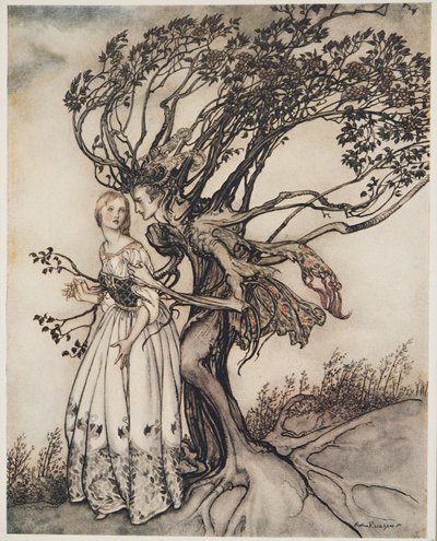 Den gamle kvinde i skoven, fra Lillebror & Lillesøster og andre fortællinger af brødrene Grimm, pub.1917 af Arthur Rackham