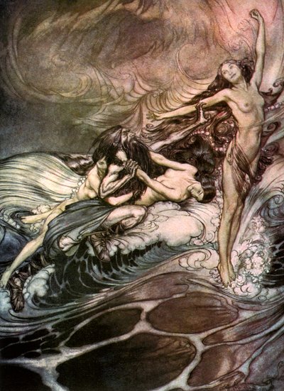 Rhinmøerne får ringen i besiddelse og bærer den af i triumf c1911 af Arthur Rackham