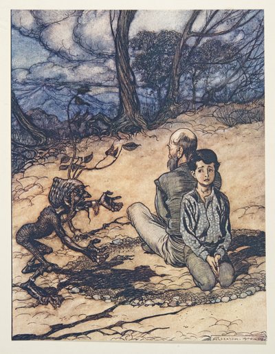 Sønnen lavede en cirkel, og hans far og han tog plads i den, og den lille sorte mannikin dukkede op fra Brødrene Grimms eventyr, pub. 1909 af Arthur Rackham