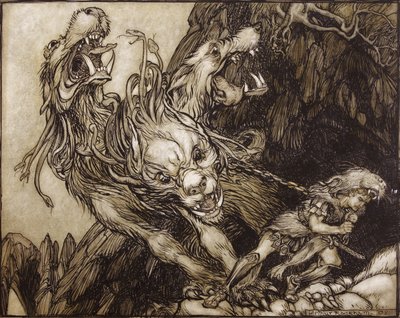 The Twelfth Labour of Hercules, illustration fra The Greek Heroes af B.G. Niebuhr, 1903 (pen & blæk og wc på papir) af Arthur Rackham