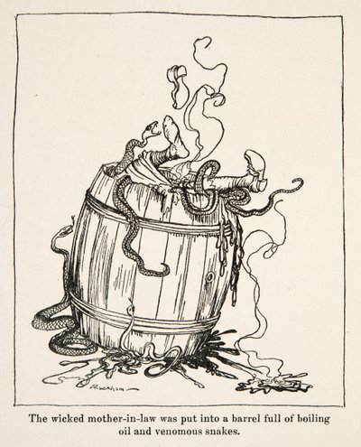 Den onde svigermor blev puttet i en tønde fuld af kogende olie og giftige slanger, fra Little Brother & Little Sister and Other Tales af brødrene Grimm, pub.1917 (litho) af Arthur Rackham