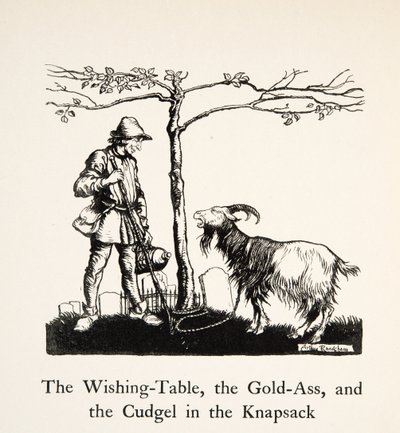 Ønskebordet, guldrøven og knusen i rygsækken, fra Lillebror & Lillesøster og andre fortællinger af brødrene Grimm, pub.1917 (litho) af Arthur Rackham