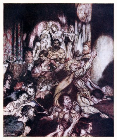 Selskabssalen var i tumult. fra The Little Brawl in Irish Fairy Tales af Arthur Rackham