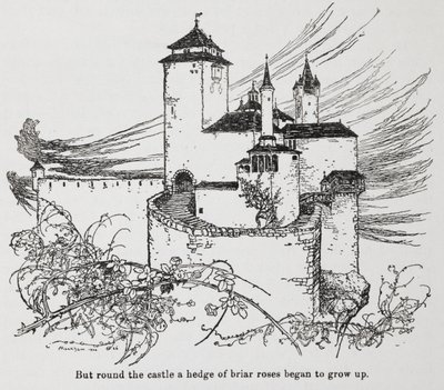 Slottet omgivet af torne fra Briar Rose (Sleeping Beauty) af Arthur Rackham