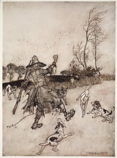 Også hundene, som han ikke genkendte for en gammel bekendt, gøede ad ham, da han passerede., fra Rip Van Winkle ved Washington Irving, pub. 1910 af Arthur Rackham